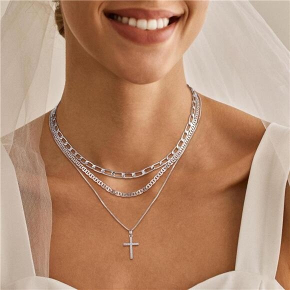 Layered Silver Chain Necklace | Zircon Cross Pendant - Picture 2 of 6